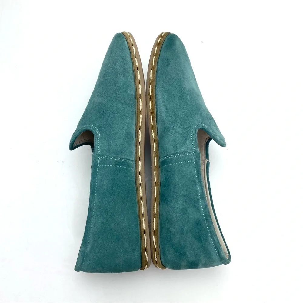 THE Bespoky Suede Handmade Flat Slip On Loafer In Aqua green Size 41